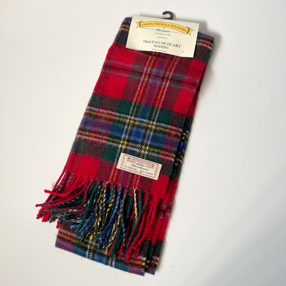 Vintage James Pringle Weavers Scarf Red MacLean of Duart Modern Lambswool Plaid